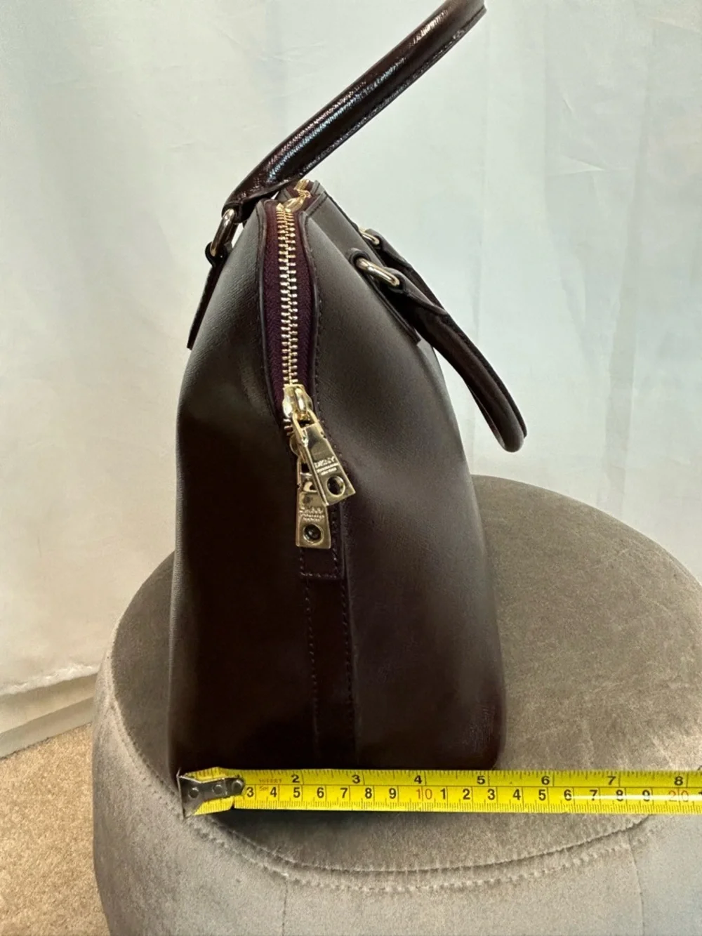 DKNY Dark Brown Saffiano Leather Satchel with Gold Plaque